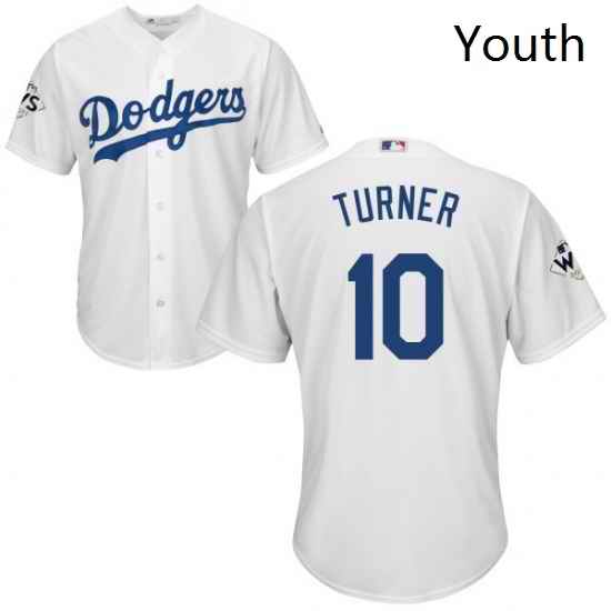 Youth Majestic Los Angeles Dodgers 10 Justin Turner Replica White Home 2017 World Series Bound Cool Base MLB Jersey
